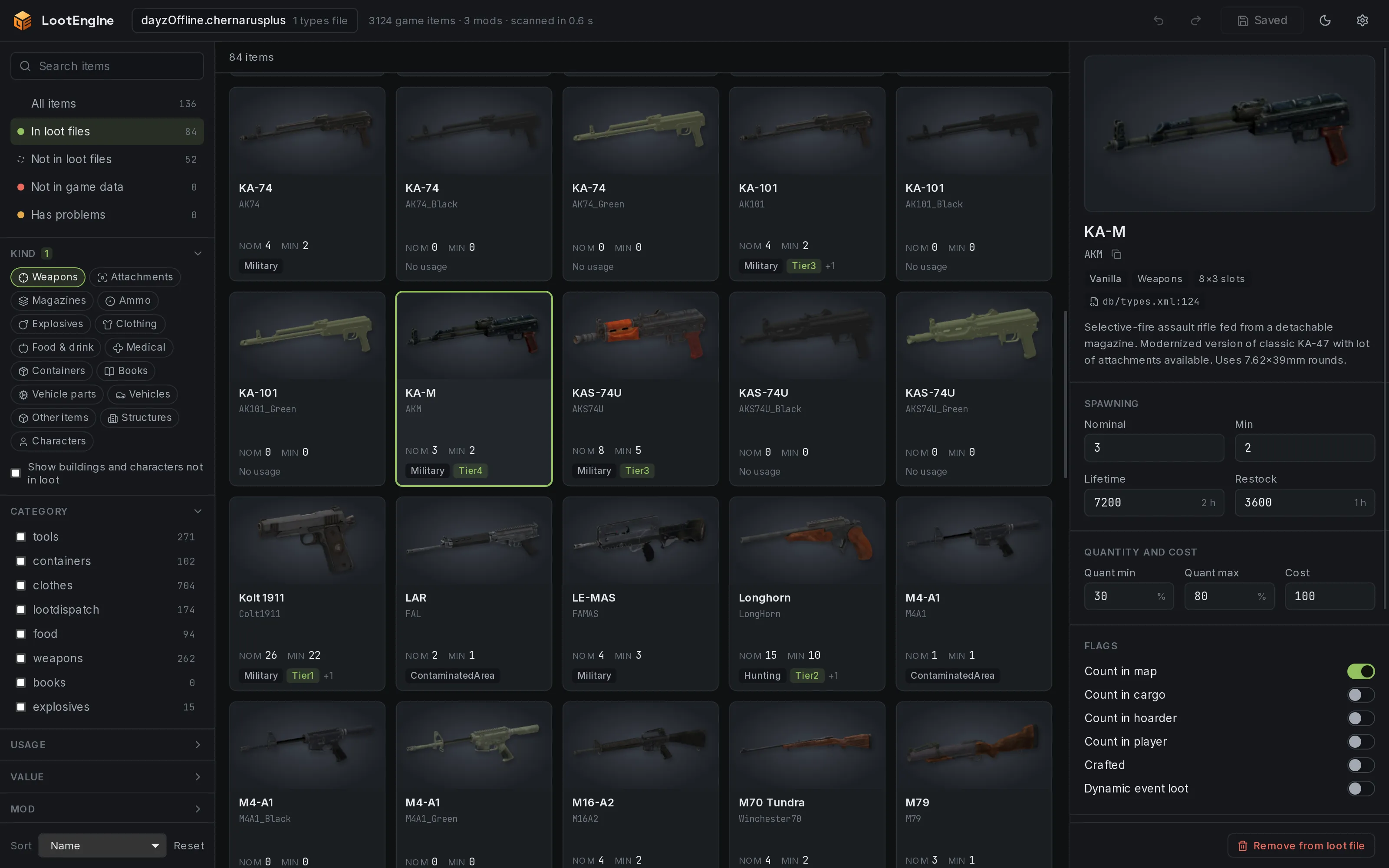 LootEngine showing a Chernarus types.xml as a grid of weapon cards with 3D icons, and the selected rifle's loot settings in a side panel