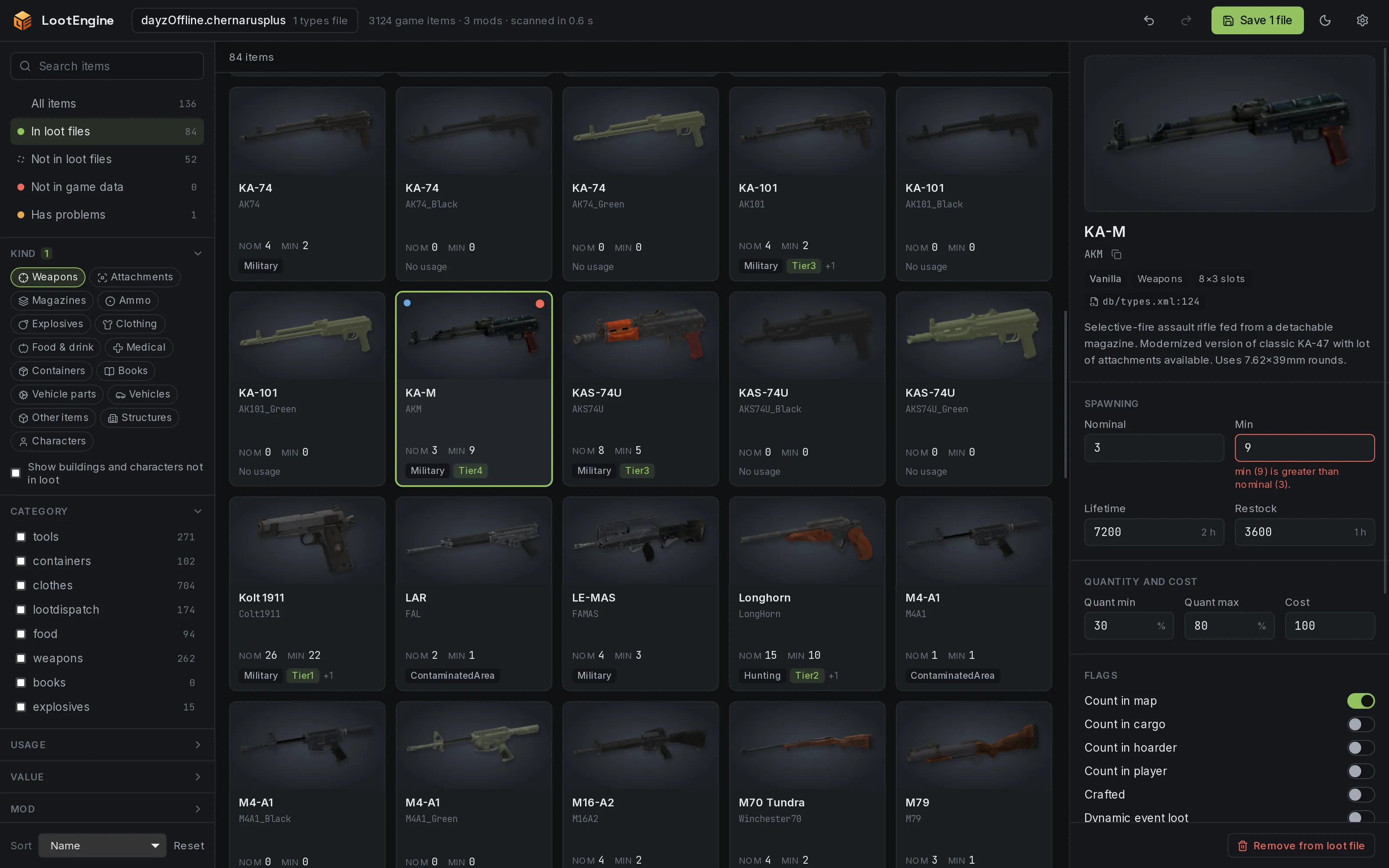 LootEngine with the AKM selected. Its min of 9 is outlined in red, with a message saying min is greater than nominal (3).