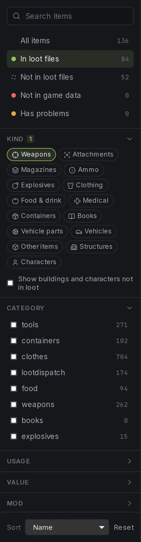 LootEngine's sidebar: Not in loot files lists 52 items, beside In loot files (84), Not in game data (0) and Has problems (0), with the Weapons kind selected and the Category, Usage, Value and Mod filters below.