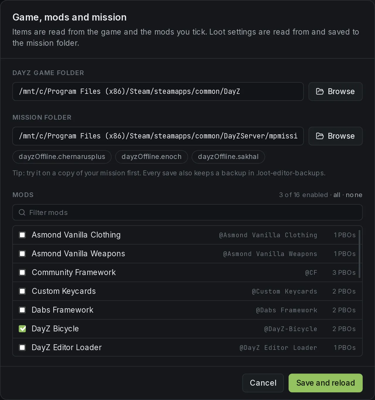 LootEngine's settings dialog: the DayZ game folder and mission folder, each with a Browse button, and a list of Workshop mods with their folder names and PBO counts, each with a checkbox to enable it.